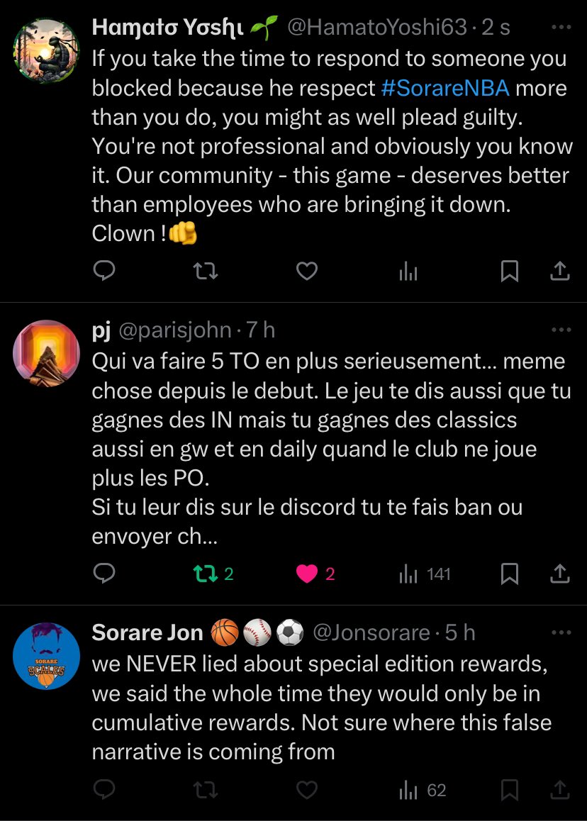 To sum up : this clown can answer me but I can't, cause he banned me from all platforms. Jon. Let's be clear. I showed more respect for this game and its community from my couch than you did in the #Sorare offices. #SorareNBA and these players deserve better ! Love brothers 🫵❤️