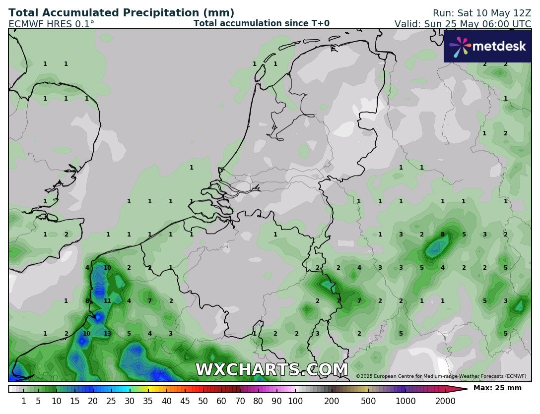 Neerslag is voor ons land nog in geen velden of wegen te bekennen de komende tijd.