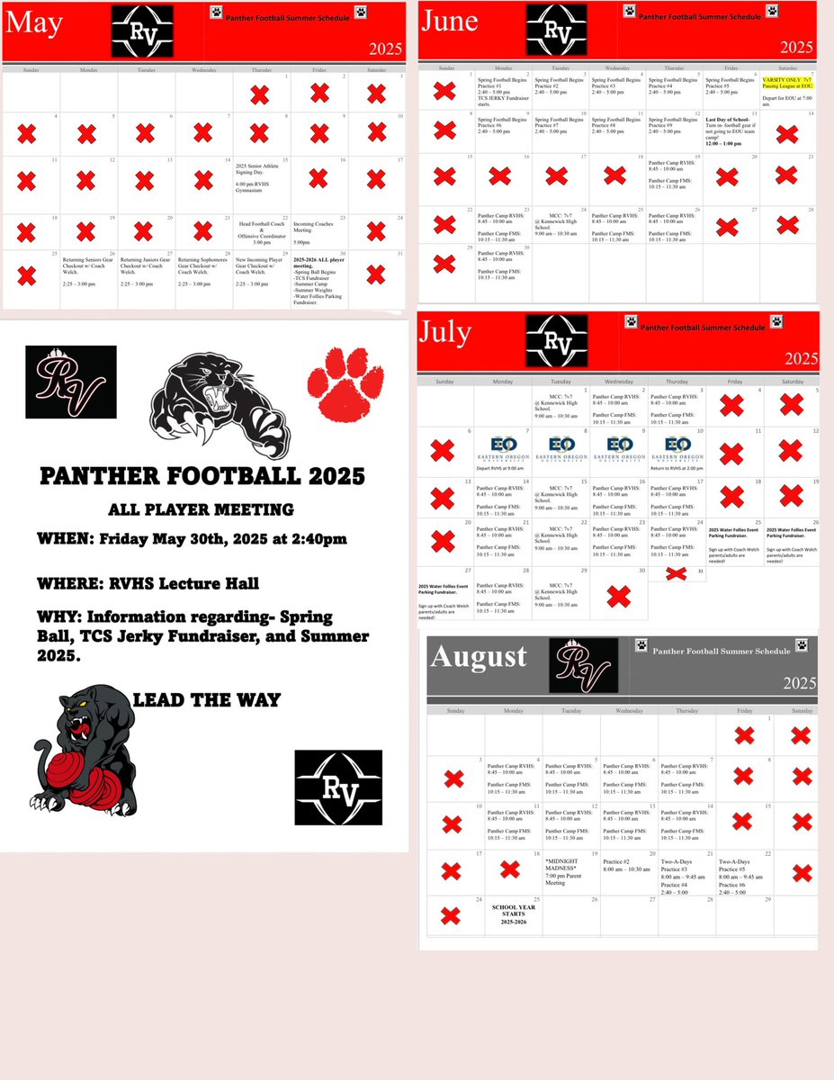 River View HS spring/summer schedule- 2025. Success comes to those that prepare! 🏈 🐾 
📍 Finley, WA

#LeadTheWay
#0728
#OWEOWET
#EAE
#KEDKEDKED
#saywhen