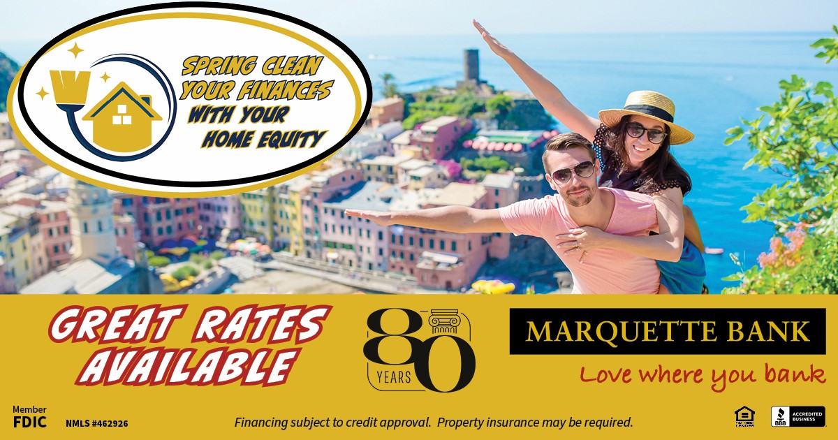 Marquette Bank is celebrating 80 years of helping people by offering great rates with our special home equity promotion for qualified applicants. 🏠 Use your home equity to make memories and take that dream vacation! 🌅 Start with a consultation >> bit.ly/3DGia6j #HELOC
