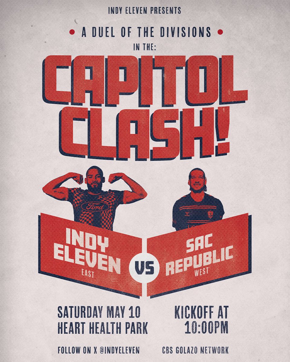 IndyEleven's tweet photo. 🚨 MATCHDAY 🚨
🆚 @SacRepublicFC 
🏟️ Heart Health Field
🕖 10:00 PM Kickoff
📺 @CBSSportsGolazo 
#SACvIND https://t.co/qaFZPHdq3P