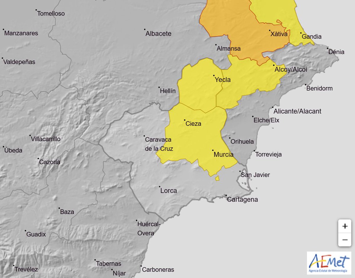 Meteorología <a href="/AEMET_Esp/">AEMET</a>  actualiza aviso de fenómenos adversos manteniendo el nivel amarillo en Altiplano y Vega del Segura

⛈️noticias.112rmurcia.es/?p=8953