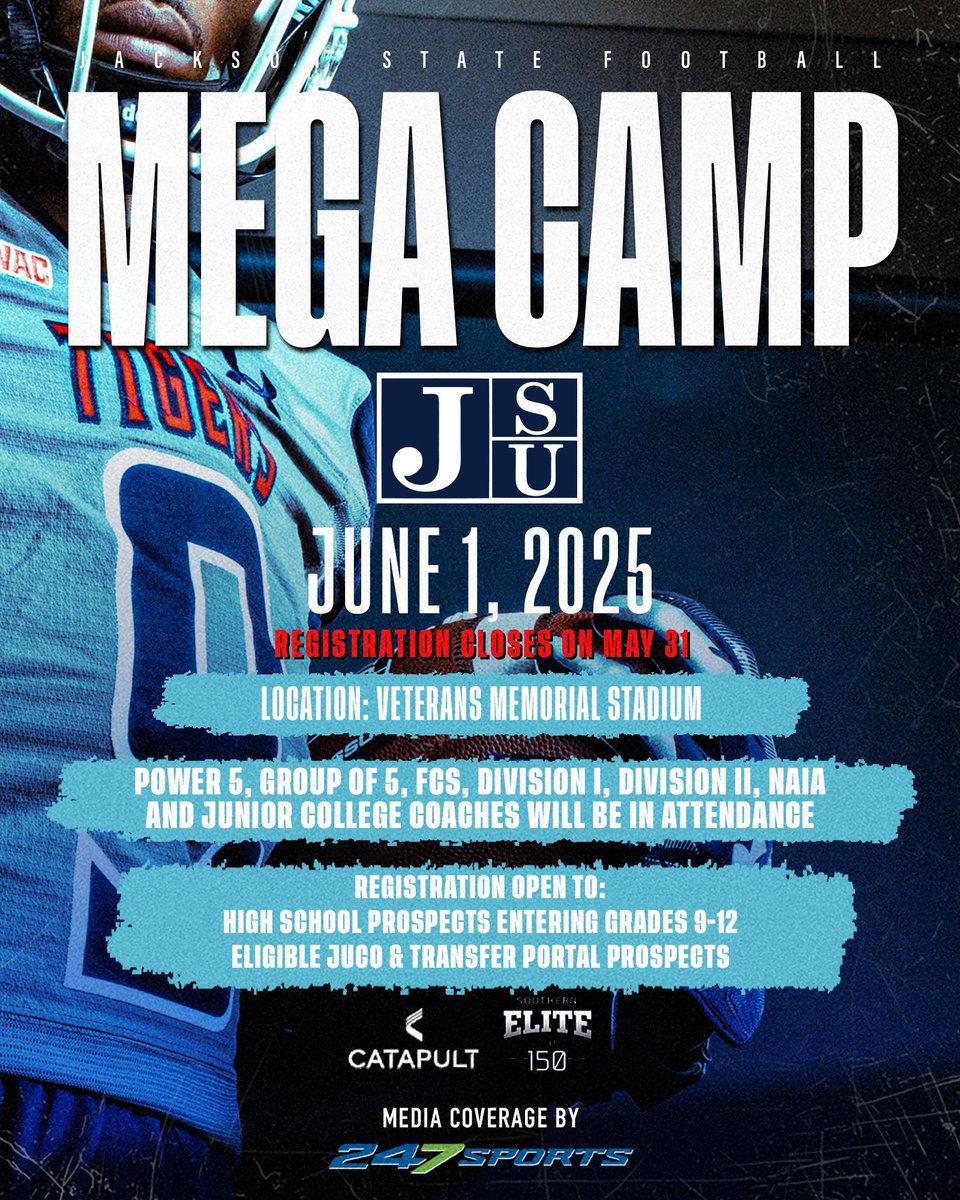 Mike Espy (@espn3allday) on Twitter photo Get your spot while you still can, over 45 colleges will be in attendance. Bet on yourself and come show these coaches what you got.
Location: The Vet <a href="/gojsutigersfb/">Jackson State Football</a>
Date: June 1
Grades: 9-12 & Eligible Juco and Transfer portal prospects. SEE YOU THERE…….. Get your spot while you still can, over 45 colleges will be in attendance. Bet on yourself and come show these coaches what you got.
Location: The Vet <a href="/gojsutigersfb/">Jackson State Football</a>
Date: June 1
Grades: 9-12 & Eligible Juco and Transfer portal prospects. SEE YOU THERE……..