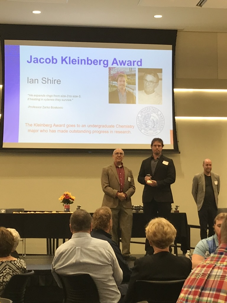 djavko's tweet image. Congratulations to Ian Shire for getting the Jacob Kleinberg Award from the @KUChemistry !