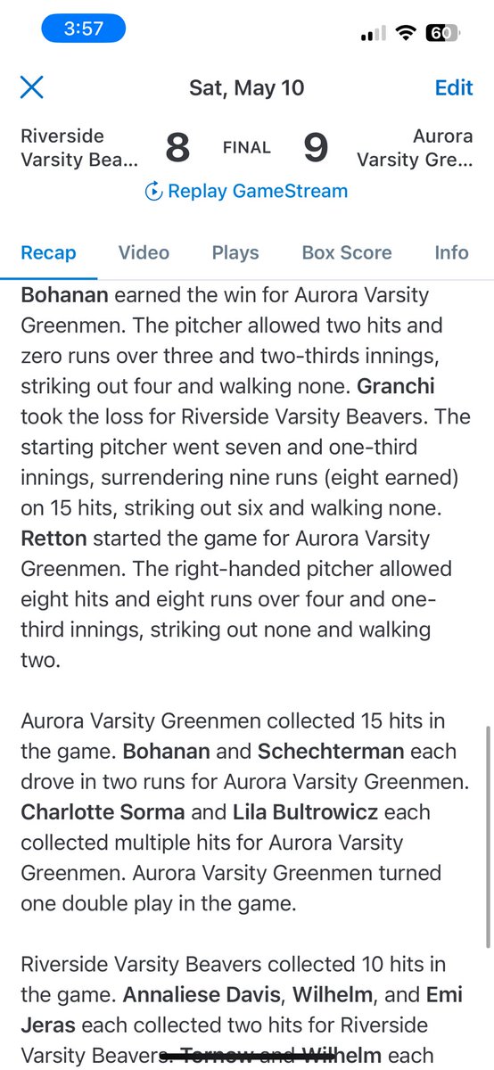 Aurora Softball (@softballaurora) on Twitter photo Game2: Aurora gets the W in extras against Riverside, 9-8 with a walk off single by <a href="/RaynaUnverferth/">Rayna Unverferth</a> in the 8th!
<a href="/sretton2/">Sophie Retton</a> started with <a href="/LailahBohanan11/">Lailah Bohanan/LB</a> getting the W in relief.
<a href="/RaynaUnverferth/">Rayna Unverferth</a> with a beautiful diving catch!!
Total team effort!
Game recap below ๐๐ผ Game2: Aurora gets the W in extras against Riverside, 9-8 with a walk off single by <a href="/RaynaUnverferth/">Rayna Unverferth</a> in the 8th!
<a href="/sretton2/">Sophie Retton</a> started with <a href="/LailahBohanan11/">Lailah Bohanan/LB</a> getting the W in relief.
<a href="/RaynaUnverferth/">Rayna Unverferth</a> with a beautiful diving catch!!
Total team effort!
Game recap below ๐๐ผ