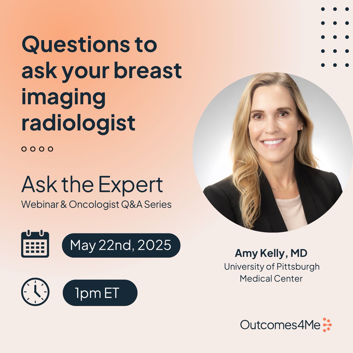 outcomes4me's tweet image. 📣 We're honored to host Dr. Amy Kelly for our "Ask the Expert" webinar series! Sign up here: bit.ly/430wAHx Join us as we explore the different types of breast imaging tests, how #densebreasts influence imaging, the newest advances in the field, & more.