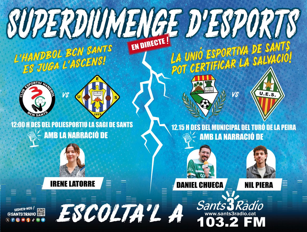 Districte Esportiu (@d3esportiu) on Twitter photo 🏐 SUPERDIUMENGE ⚽️
💥 DEMÀ, EN DIRECTE 💥
🏐 <a href="/HandbolBCNSants/">CEH BCN SANTS UBAE</a> - <a href="/UESarria77/">Unió EsportivaSarrià</a> B
🕛 12:00
🏟️ Poliesportiu La Sagi
📻 <a href="/irenelatr/">Irene Latorre</a>
#️⃣ #1aCatH | #BCNSantsSarriàB
⚽️ <a href="/turopeira/">CCD Turó de la Peira</a> - <a href="/uesants/">UE Sants</a>
🕛 12:15
🏟️ Municipal Turó de la Peira
📻 <a href="/TerryWolles/">Daniel Chueca Miras</a>, <a href="/nil_pieraa/">Nil Piera</a>
#️⃣ #1cat2 | #TuróPeiraSants 🏐 SUPERDIUMENGE ⚽️
💥 DEMÀ, EN DIRECTE 💥
🏐 <a href="/HandbolBCNSants/">CEH BCN SANTS UBAE</a> - <a href="/UESarria77/">Unió EsportivaSarrià</a> B
🕛 12:00
🏟️ Poliesportiu La Sagi
📻 <a href="/irenelatr/">Irene Latorre</a>
#️⃣ #1aCatH | #BCNSantsSarriàB
⚽️ <a href="/turopeira/">CCD Turó de la Peira</a> - <a href="/uesants/">UE Sants</a>
🕛 12:15
🏟️ Municipal Turó de la Peira
📻 <a href="/TerryWolles/">Daniel Chueca Miras</a>, <a href="/nil_pieraa/">Nil Piera</a>
#️⃣ #1cat2 | #TuróPeiraSants