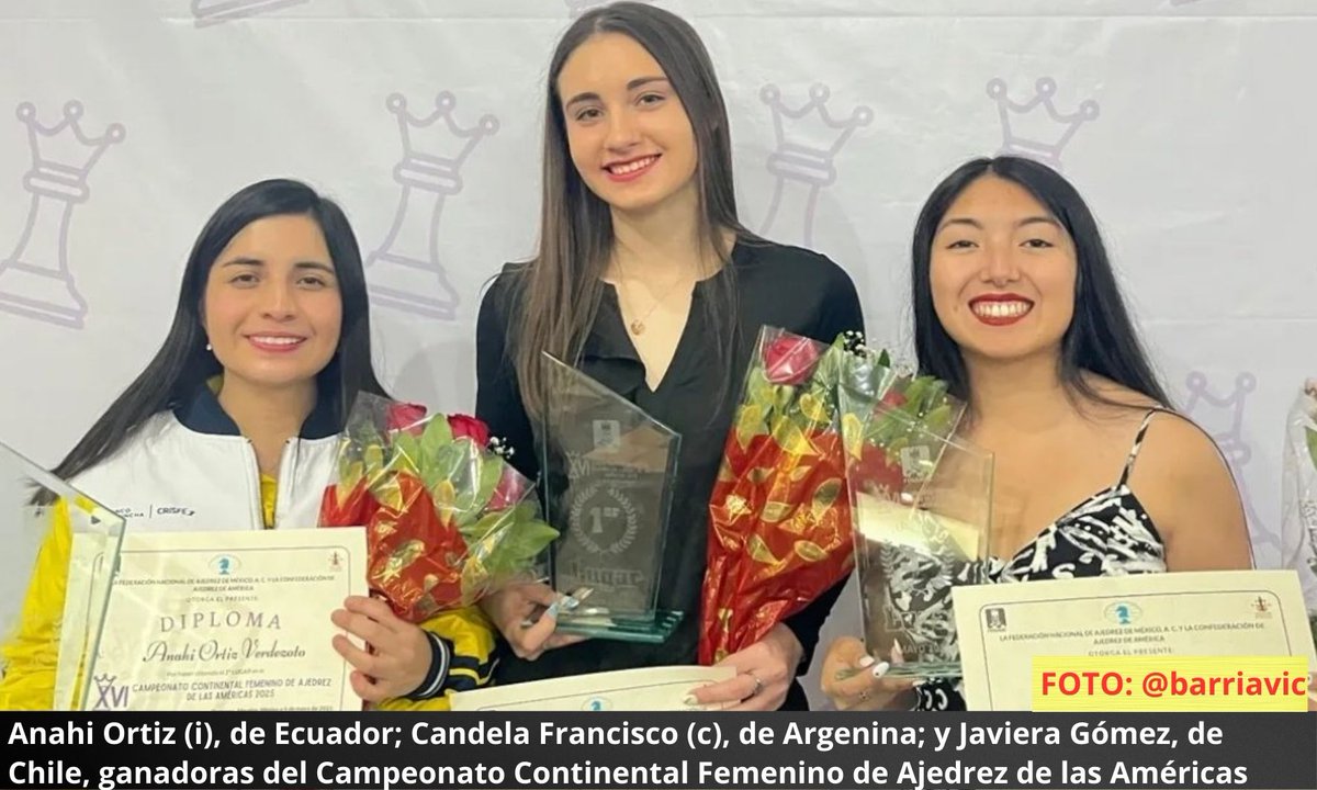 Anahi Ortiz, finaliza segunda en Campeonato Continental Absoluto de Ajedrez Femenino, realizado en Oaxtepec, México; su compatriota Kerly Jaramillo, decimoquinta
<a href="/MarticaFierro/">Martha Fierro</a>
<a href="/kzambra/">Kleber Zambrano A.</a>
<a href="/Dou680/">@Douglas Barahona</a>
<a href="/jovipo10/">Jose Vicente Ponce</a>
<a href="/PaulCedenoCede1/">Paul Cedeño Cedeño</a>
<a href="/chechovera25/">Cesar E. Vera E.</a>
Lea el detalle en:
ecuadordeportes.com/ajedrez/10787/