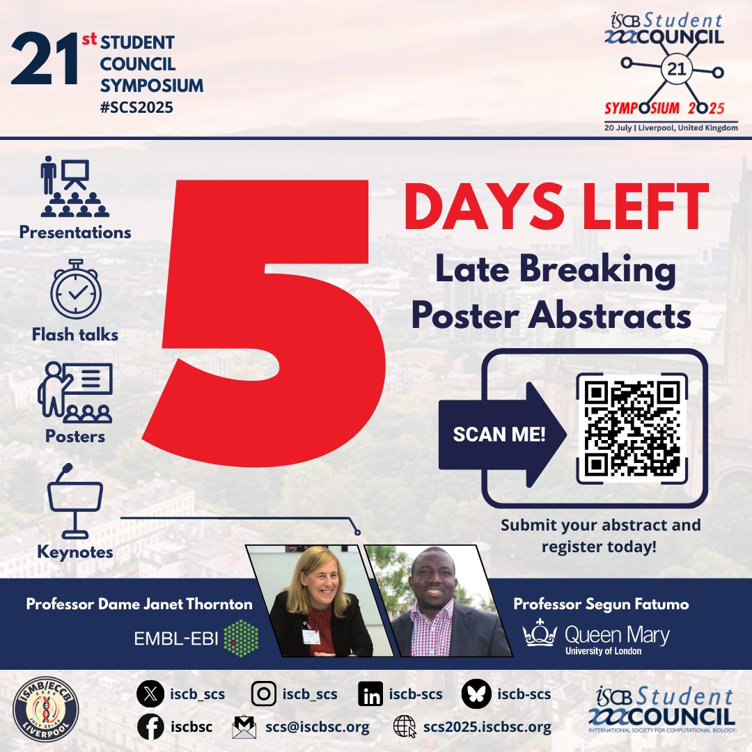 ⏰ Only 5 days left to submit your lat POSTER abstract for #SCS2025!   
🚨 Don’t miss your chance to present your research! 
🔗Submit now via EasyChair (Student Council Symposium 2025 Track): easychair.org/cfp/ismbeccb20…
🗓️ Abstract deadline: May 15
<a href="/iscbsc/">ISCB Student Council</a> <a href="/iscb/">ISCB News</a>