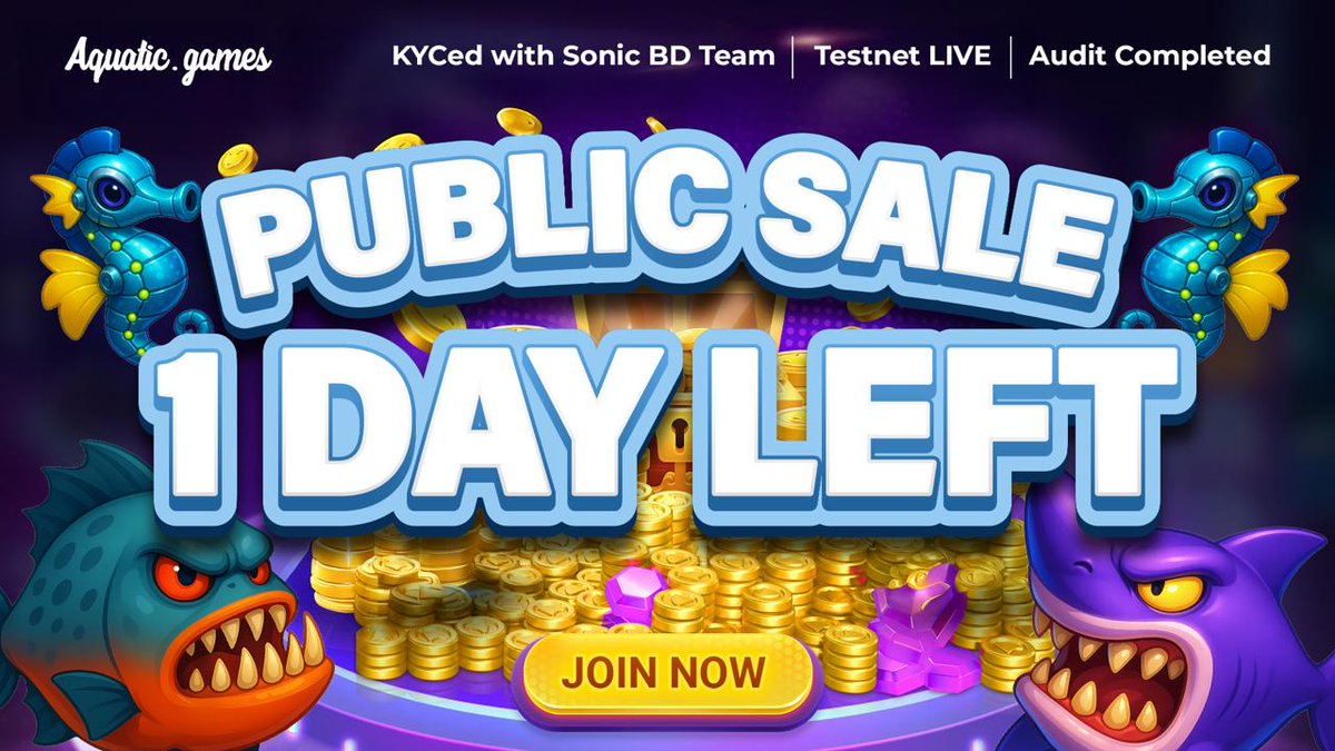 $AQUA Public Sales ends at May 11th 2PM UTC 

Join now at: presale.aquatic.games 
💰Public Price: 0.001284 $S per $AQUA 
🤑Listing Price: 0.00214 $S  per $AQUA