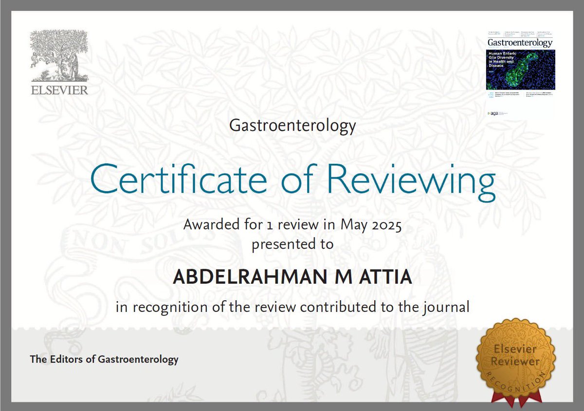 AbdoMattia's tweet photo. Honored to receive a Certificate of Reviewing from Gastroenterology ; One of the leading journals in our field, with an impact factor of 26.3 and ranked #1 in gastroenterology and hepatology on Google Scholar.
Grateful for the opportunity to contribute to the peer-review process. https://t.co/AeXiVw1kMn