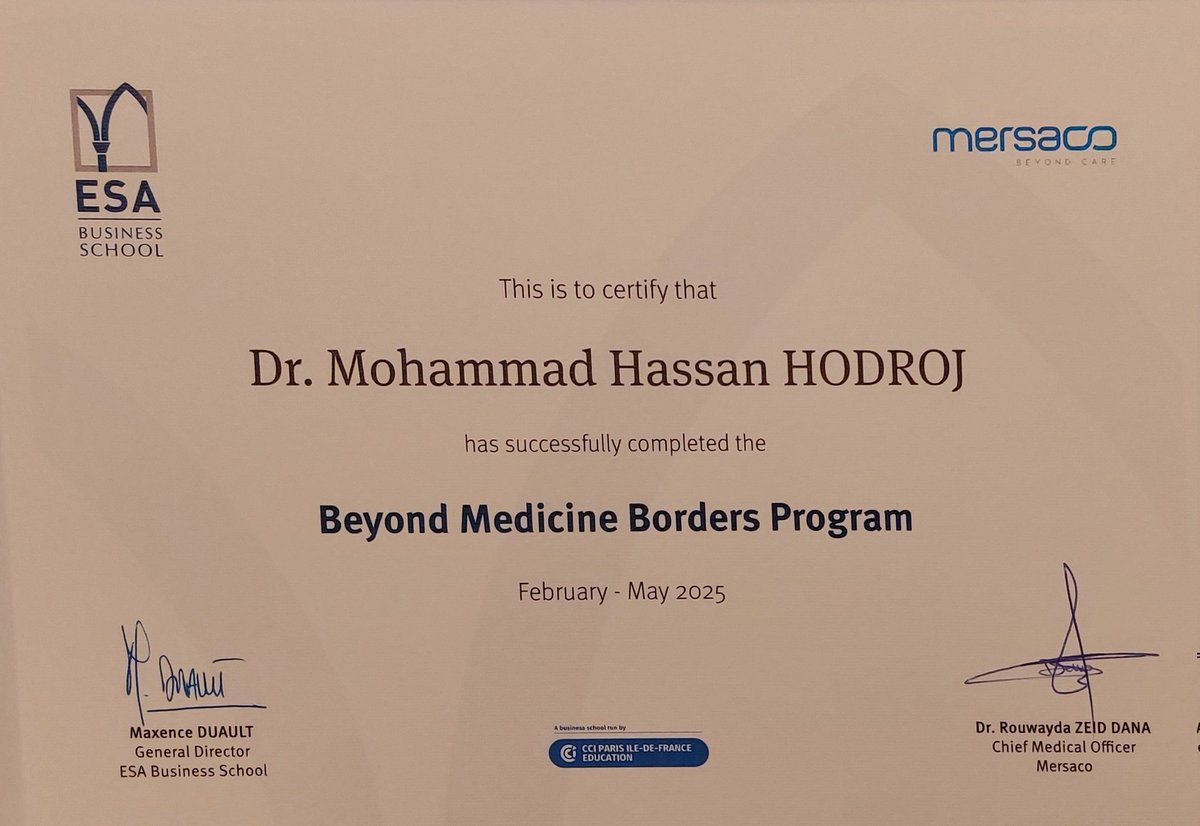 Completing Beyond Medicine Borders Program at ESA... Nice Experience and Great Opportunity to Learn from Masters in the Field. Thank you Dr. <a href="/AliTaherMD/">Ali Taher</a> for your Mentorship and Support 🙏🏻