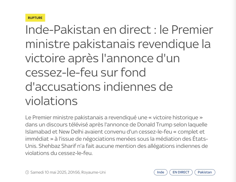denisedetralala's tweet photo. Après les #infox sur les rafales indiens abattus prétendument en nombre https://t.co/h9l1NB6Gsl, et un accord de cessez-le-feu avec l'#Inde non respecté par le #Pakistan, le Premier Ministre pakistanais, Shehbaz Sharif, revendique la victoire, en décalage complet avec la réalité. https://t.co/wHmEstncRW