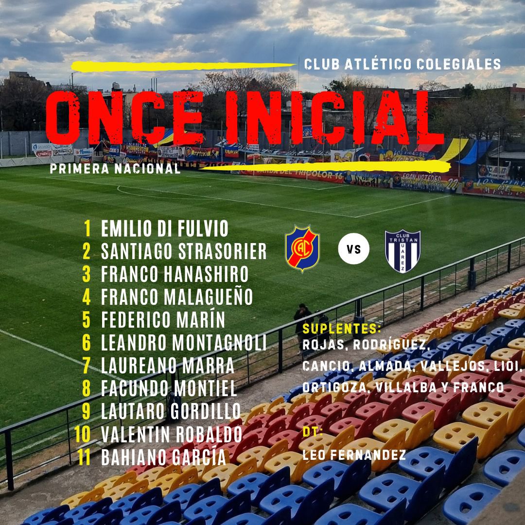 MundoColee's tweet photo. HAY EQUIPO‼️

Te dejamos el 11 inicial que saldrá a la cancha para enfrentar a Tristán Suárez.

#colegiales #cole #mundocole #mundocoleenelinterior #munro #primeranacional https://t.co/FwZ4QplWZo