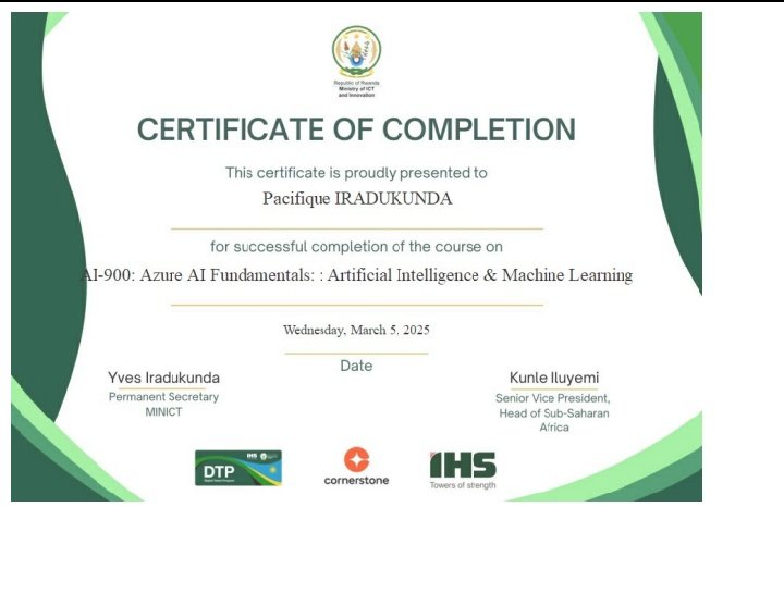 Jr Pacifique (@pacifiqueyuri) on Twitter photo Me Congratulations 🎊
Thank You Lord Another my #CV
Passed Study #AI & #MachineLearning in #DTP
Special Thanks <a href="/RwandaICT/">Ministry of ICT and Innovation | Rwanda</a>
<a href="/GakenkeDistrict/">Gakenke District</a> <a href="/GashenyiSector1/">GASHENYI Sector Official Page</a> <a href="/nyc_gakenke/">National Youth Council Gakenke District 🇷🇼</a> <a href="/RwandaYouth/">Rwanda Youth Council</a> <a href="/muka_vestine/">Vestine Mukandayisenga</a> <a href="/inzizaJbosco/">NKURUNZIZA J.Bosco,</a> <a href="/NsanzumuhireY/">Nsanzumuhire Ndicunguye Yves FMVA®</a> <a href="/TwambazimanaIr1/">Twambazimana Irénée</a>
<a href="/yves_Iradukunda/">Yves Iradukunda</a> <a href="/jnabdallah/">UTUMATWISHIMA</a> Me Congratulations 🎊
Thank You Lord Another my #CV
Passed Study #AI & #MachineLearning in #DTP
Special Thanks <a href="/RwandaICT/">Ministry of ICT and Innovation | Rwanda</a>
<a href="/GakenkeDistrict/">Gakenke District</a> <a href="/GashenyiSector1/">GASHENYI Sector Official Page</a> <a href="/nyc_gakenke/">National Youth Council Gakenke District 🇷🇼</a> <a href="/RwandaYouth/">Rwanda Youth Council</a> <a href="/muka_vestine/">Vestine Mukandayisenga</a> <a href="/inzizaJbosco/">NKURUNZIZA J.Bosco,</a> <a href="/NsanzumuhireY/">Nsanzumuhire Ndicunguye Yves FMVA®</a> <a href="/TwambazimanaIr1/">Twambazimana Irénée</a>
<a href="/yves_Iradukunda/">Yves Iradukunda</a> <a href="/jnabdallah/">UTUMATWISHIMA</a>