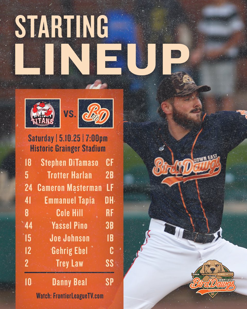 ⚾ Tonight's starting lineup for the Down East Bird Dawgs as they take on the Ottawa Titans in game #2! 🐾

Gates open:
Season Ticket Holders: 5:30PM!
Main Gates: 6:00PM!

First Pitch at 7:00PM!

🎟 Tickets: downeastbirddawgs.com or at the box office!

#GoBirdDawgs!