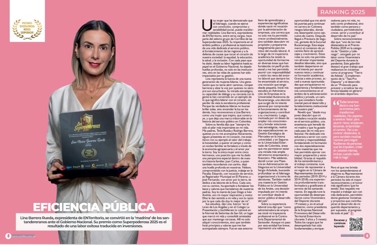 Las Superpoderosas 2025 | corrillos.com.co/las-superpoder… a través de <a href="/CorrillosR/">Corrillos</a> 

Lina Barrera Rueda, expresidenta de ENTerritorio, se convirtió en la ‘madrina’ de los santandereranos ante el Gobierno Nacional. Su premio como Superpoderosa 2025 es el resultado de una labor exitosa