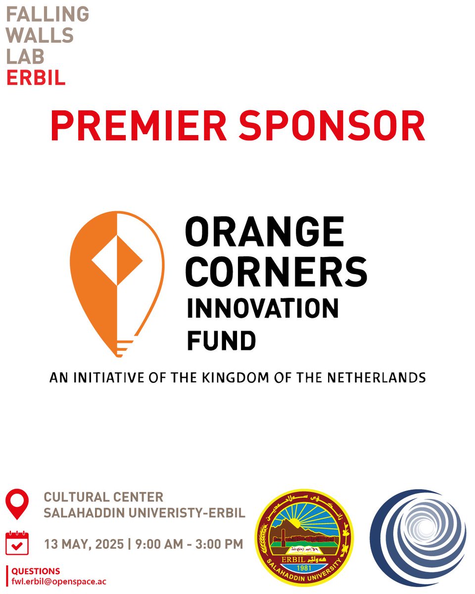 OpenSpaceAC's tweet photo. A heartfelt thank you to the @OrangeCorners  Innovation Fund for joining @Falling_Walls Lab Erbil 2025 as a Premier Sponsor!
Together, we rise to shape the future of innovation in Iraq and beyond. Join us on the 13th of May, 2025, in Erbil.
#openspaceac #FallingWallsLab #fwlerbil https://t.co/OA9iDL8pYG