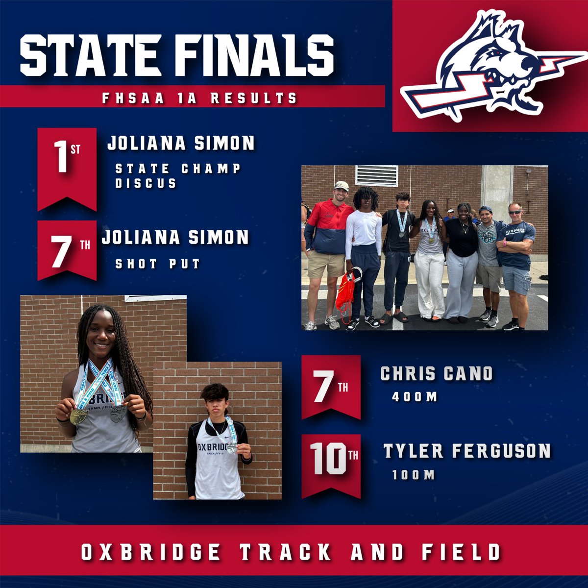 Congratulations to our Track and Field State Qualifiers! They did an amazing job today, especially to our State Champ in Discus, Joliana Simon!

#OxbridgeProud #LetsGoThunderWolves #FHSAA #OxbridgeTrackandField