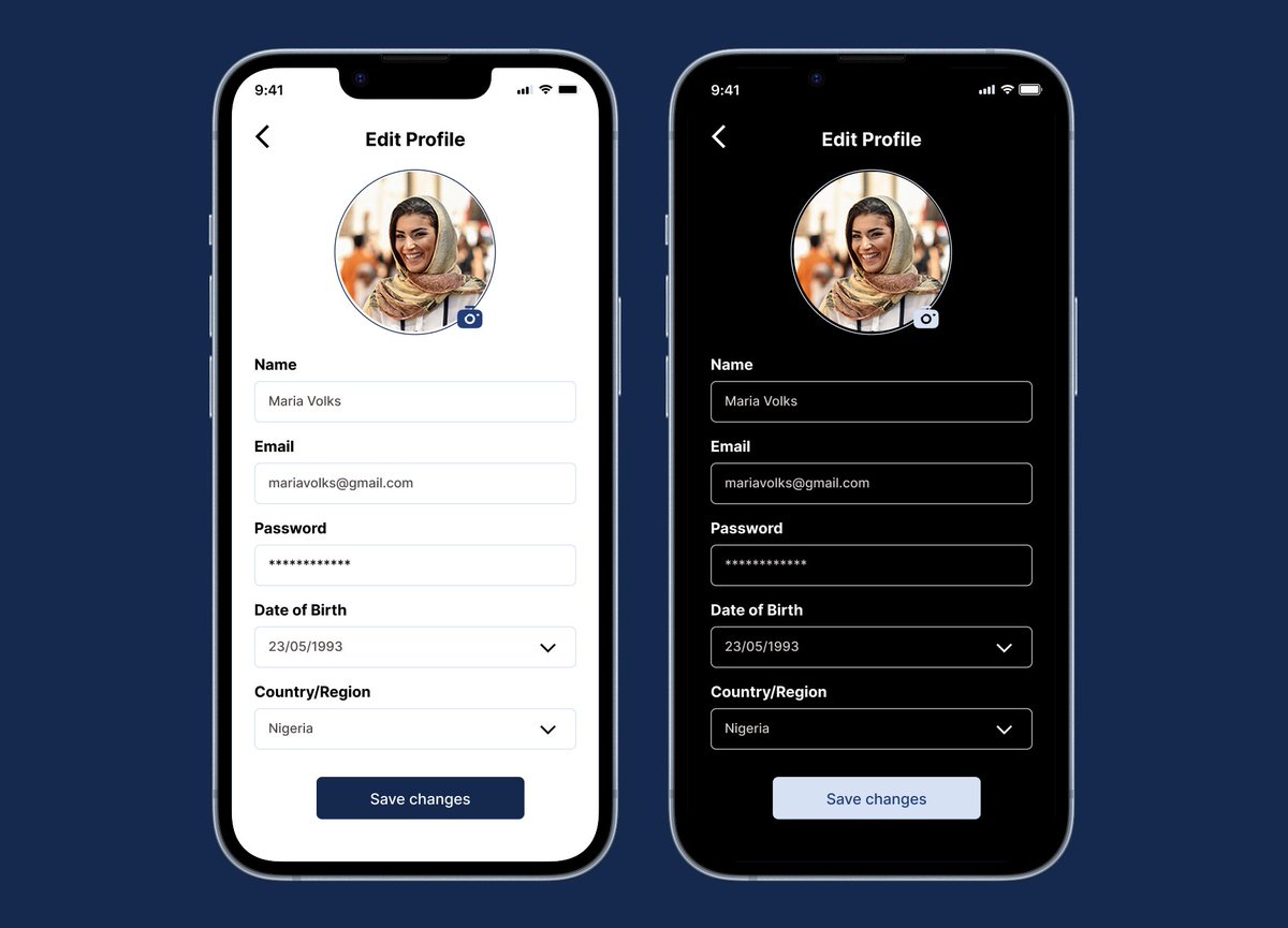 Day 6 of 20 – UI Challenge

Designed a simple Edit Profile screen 
Both Light &amp; Dark mode for seamless user preference 

Clean | Clear | Consistent
#UIUX #UIDesign #Figma #MobileUI #DarkMode #DesignChallenge #Day6