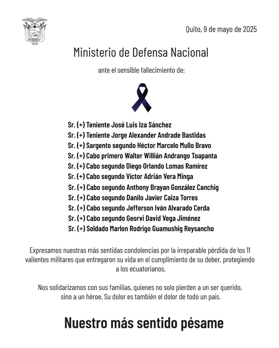 Jorge Pinto (@jorgepintod) on Twitter photo Once soldados dieron su vida por nuestra seguridad. En esta guerra contra el terrorismo no puede haber tregua. El Ecuador entero está con ustedes <a href="/FFAAECUADOR/">Fuerzas Armadas del Ecuador</a> así que con todo sin piedad ni olvido. Once soldados dieron su vida por nuestra seguridad. En esta guerra contra el terrorismo no puede haber tregua. El Ecuador entero está con ustedes <a href="/FFAAECUADOR/">Fuerzas Armadas del Ecuador</a> así que con todo sin piedad ni olvido.