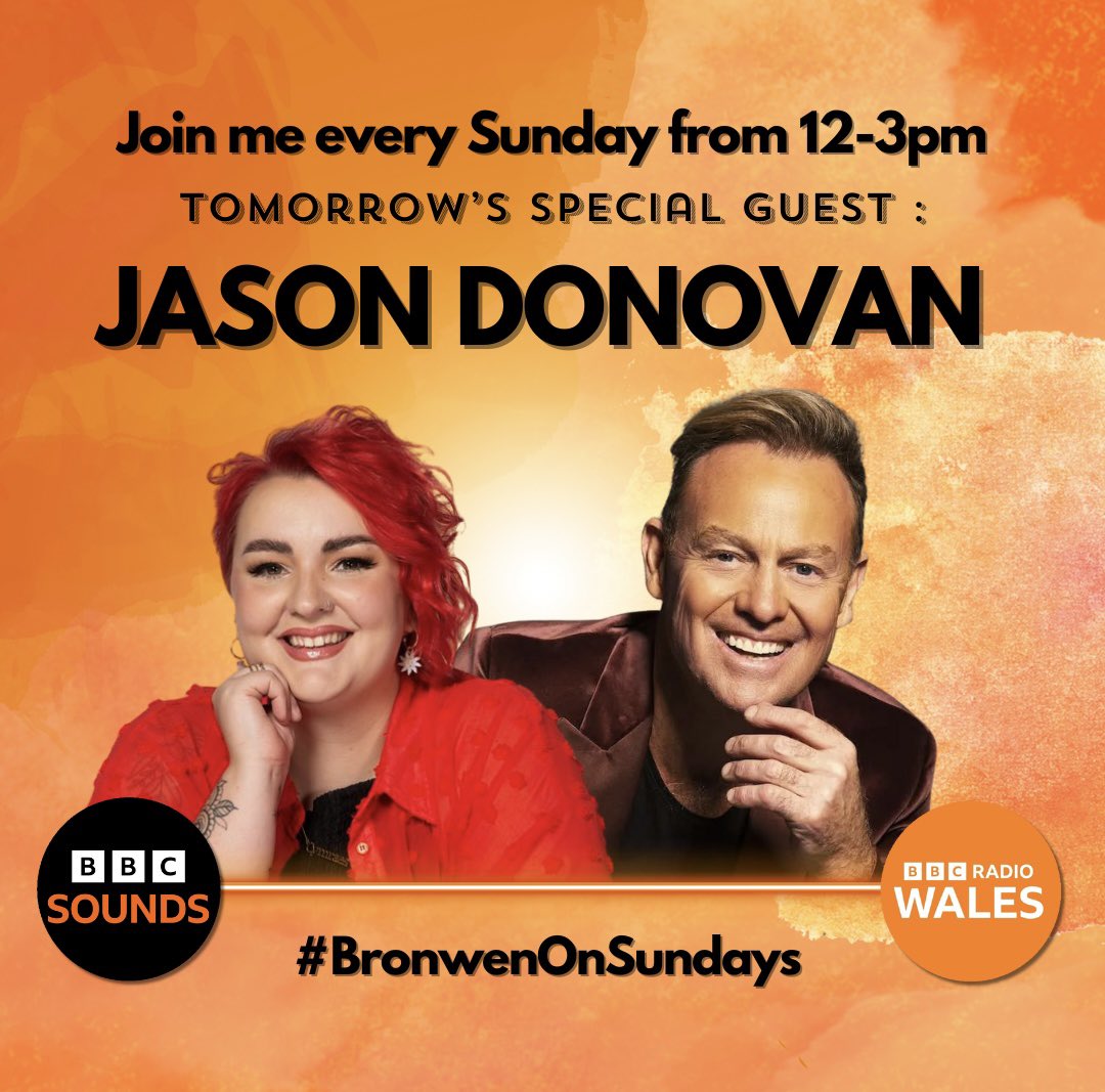 B R O N W E N (@bronwenlewis_) on Twitter photo Can’t believe I’m saying this but my guest tomorrow on <a href="/BBCRadioWales/">BBC Radio Wales</a> is none other than Jason Donovan 🥹🧡
Cannot wait! Join me live from 12pm 📻 Can’t believe I’m saying this but my guest tomorrow on <a href="/BBCRadioWales/">BBC Radio Wales</a> is none other than Jason Donovan 🥹🧡
Cannot wait! Join me live from 12pm 📻