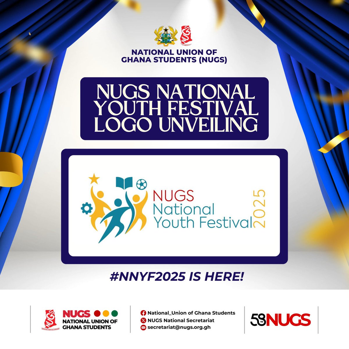 NUGS_National's tweet photo. NUGS NATIONAL YOUTH FESTIVAL 2025!

Presenting the official logo for the NUGS National Youth Festival 2025!

A symbol of unity, innovation, and the unstoppable energy of Ghanaian youth. Get ready for an unforgettable celebration.

#NNYF2025
#58thNUGS https://t.co/viP3nF80Cb