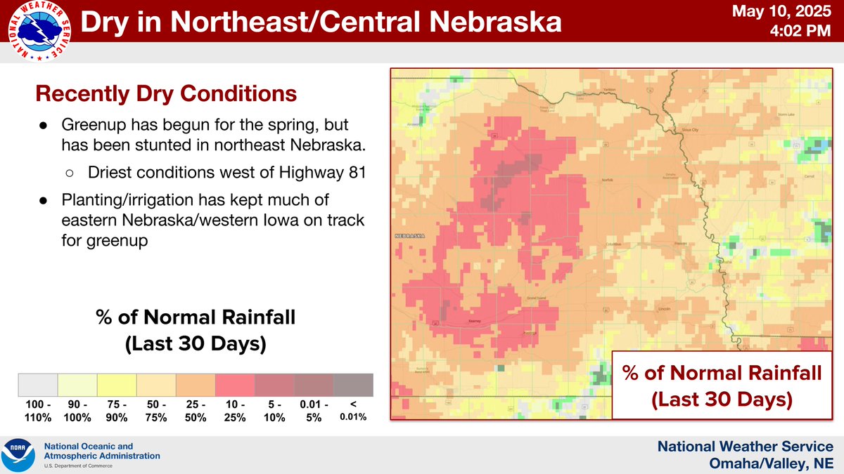 Here's how dry it's been compared to normal for the general area, with many missing out on critical green-up rainfall (though irrigation helps for most of eastern Nebraska and Iowa.