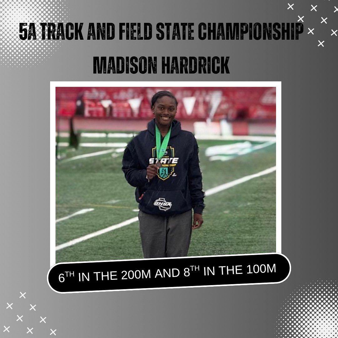 Congratulations to Madison Hardrick for getting 6th place in the 200m and 8th place in the 100m in the 5A Track and Field State Championship!