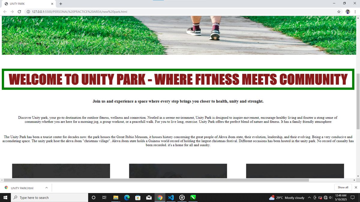 DouglasDev00's tweet image. DAY 6/100
Took a walk, got a spark! While working out, an idea for the park hit me. 
So I used the knowledge I&apos;ve acquired  to recreate a landing page—images as links included! Still a baby dev, but I’m loving the process.

#100DaysOfWebDev #WebDevJourney  @HezeLawson