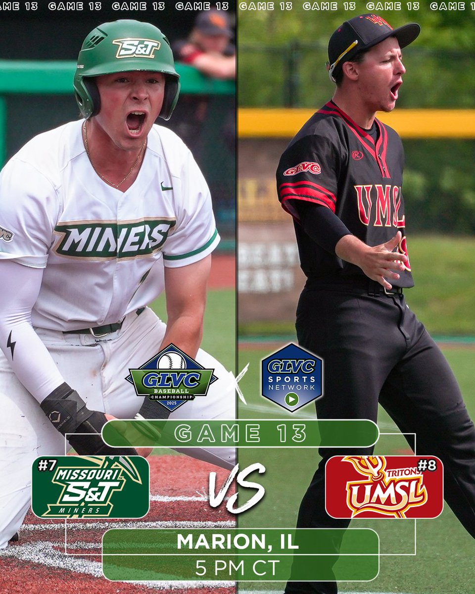 🏆⚾️ #GLVCbase | #GLVCchamps

GAME 13
#7 <a href="/minersports/">Missouri S&T Miners</a> 🆚 #8 <a href="/UMSLAthletics/">UMSL Athletics</a> 

📺 <a href="/GLVCSN/">GLVC Sports Network</a> ($)
📊 GLVCsports.com/2025base
📍 Mtn Dew Park
⏰ 5 PM CT