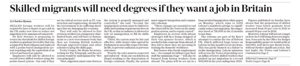 Tomorrow’s Telegraph, like tomorrow’s Sunday Times, covers some pre-briefing on the migration white paper: