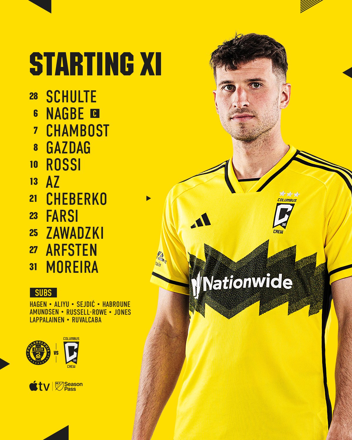 CLB Starting XI: Schulte, Nagbe (C), Chambost, Gazdag, Rossi, AZ, Cheberko, Farsi, Zawadzki, Arfsten, Moreira.