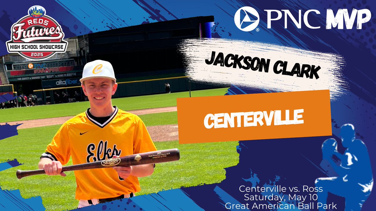 Congratulations to <a href="/CHSElkBaseball/">CHS Elks Baseball</a>’s Jackson Clark on being named the <a href="/PNCBank/">PNC Bank</a> MVP in game 1 of today’s Big League Weekend triple header in the
<a href="/Skyline_Chili/">Skyline Chili</a> <a href="/Reds/">Cincinnati Reds</a> Futures High School Showcase presented by PNC Bank at Great American Ball Park in their win over <a href="/ross_baseball/">Ross Baseball</a>.