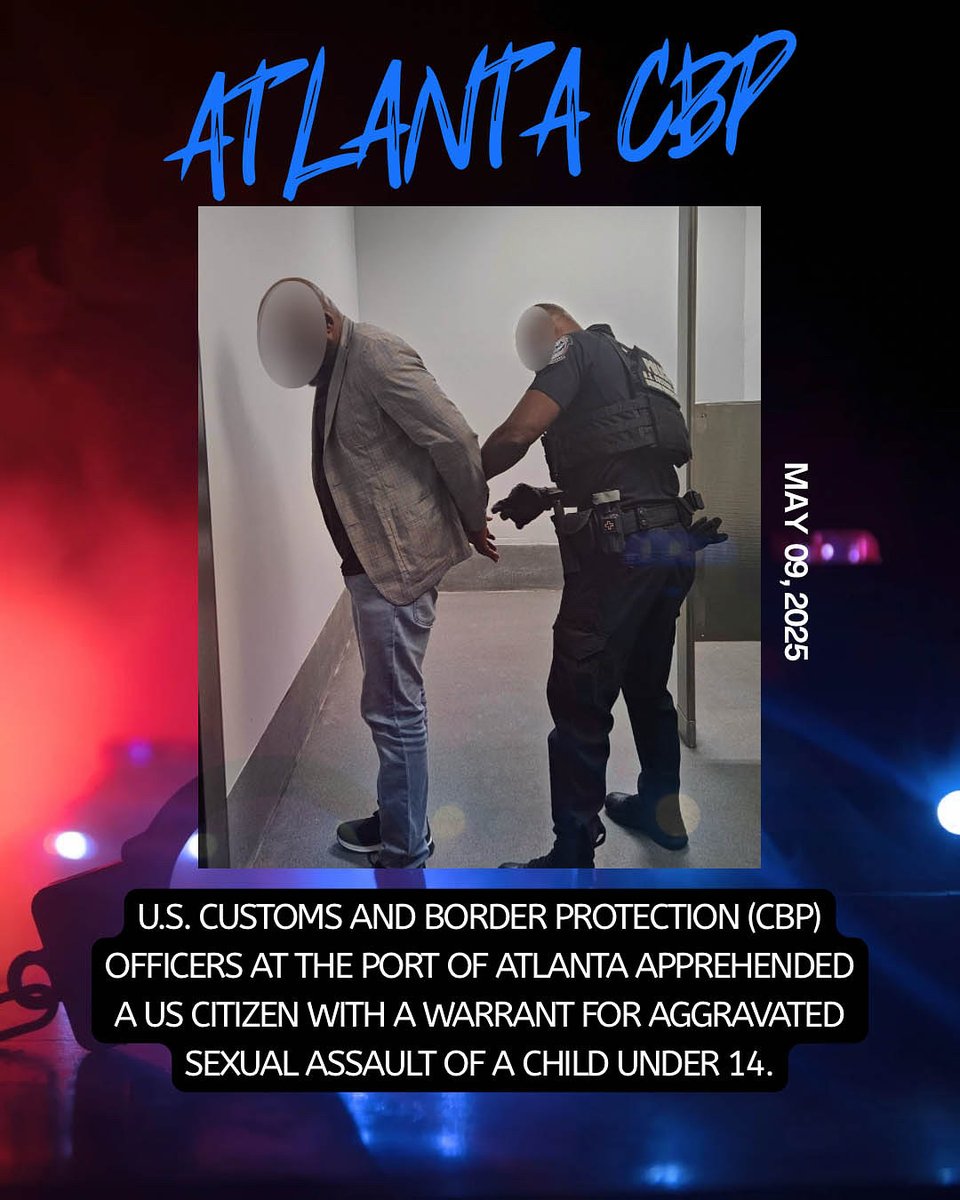 DFOAtlanta's tweet image. U.S. Customs and Border Protection (CBP) Officers at the Port of Atlanta apprehended a US citizen with a warrant for aggravated sexual assault of a child under 14. He was detained and transferred to local law enforcement for further processing