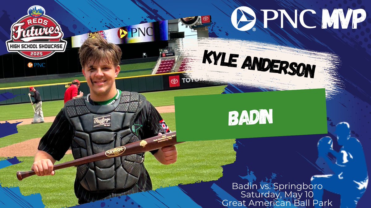Congratulations to @BadinBasebal’s Kyle Anderson on being named the <a href="/PNCBank/">PNC Bank</a> MVP in game 2 of today’s Big League Weekend triple header in the
<a href="/Skyline_Chili/">Skyline Chili</a> <a href="/Reds/">Cincinnati Reds</a> Futures High School Showcase presented by PNC Bank at Great American Ball Park in their win over <a href="/BoroPantherBase/">Springboro Panthers Baseball</a>.