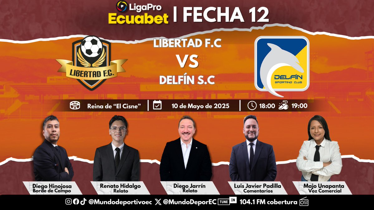 MUNDO DEPORTIVO EC 🇪🇨 (@mundodeporec) on Twitter photo 🏆¡LIGA PRO! Cerramos la jornada de sábado con la fecha 12 de la #LigaProEcuabet desde el "Reina de El Cisne"
<a href="/LibertadFC3/">Libertad Fútbol Club</a> 🆚 <a href="/DelfinSC/">Delfín Sporting Club</a>
🎙️ <a href="/diegojarrin10/">Diego Jarrín</a>
🎙️ <a href="/rxhidalgo_/">Renato Hidalgo</a>
📝 <a href="/JavierPSec/">LUIS JAVIER PADILLA</a>
🏟️ <a href="/diegohino12/">Diego Hinojosa</a>
🗣️ <a href="/gracewalker_23/">Grace Coba Yar</a> 🏆¡LIGA PRO! Cerramos la jornada de sábado con la fecha 12 de la #LigaProEcuabet desde el "Reina de El Cisne"
<a href="/LibertadFC3/">Libertad Fútbol Club</a> 🆚 <a href="/DelfinSC/">Delfín Sporting Club</a>
🎙️ <a href="/diegojarrin10/">Diego Jarrín</a>
🎙️ <a href="/rxhidalgo_/">Renato Hidalgo</a>
📝 <a href="/JavierPSec/">LUIS JAVIER PADILLA</a>
🏟️ <a href="/diegohino12/">Diego Hinojosa</a>
🗣️ <a href="/gracewalker_23/">Grace Coba Yar</a>