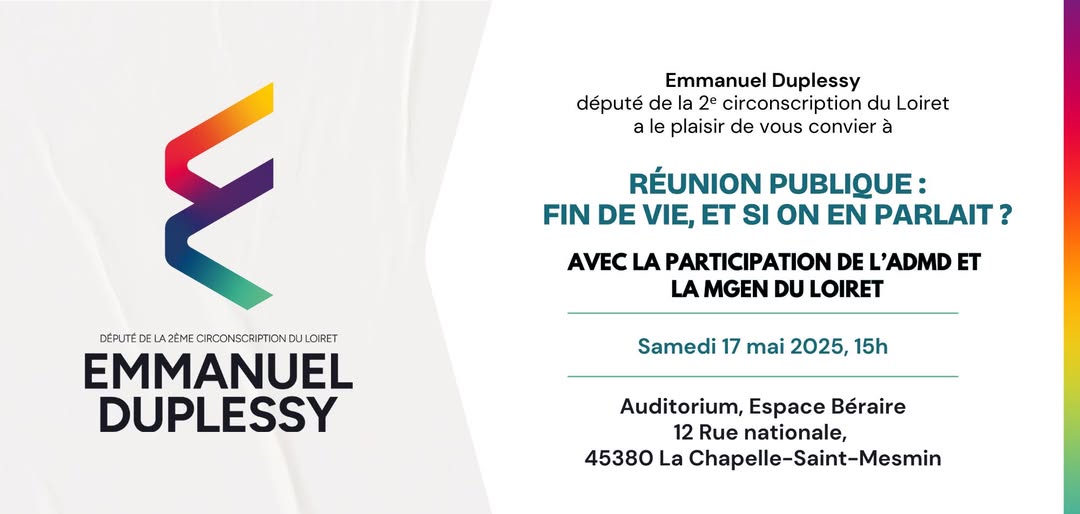 Réunion ouverte à toutes les personnes qui désirent s'informer ou apporter un témoignage sur le sujet de la fin de  vie. <a href="/ADMDPRESSE/">ADMD - Service Presse</a> <a href="/ADMDFRANCE/">Mourir dans la Dignité</a> <a href="/larep_fr/">La République du Centre</a> <a href="/iciorleans/">ICI Orléans</a> <a href="/F3Centre/">France 3 Centre-Val de Loire</a> #FindeVi #LoiFindevie