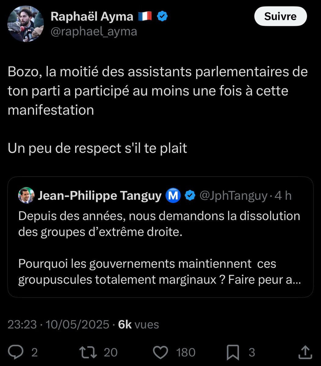 La dédiabolisation vs la réalité.

(Raphaël Ayma est un militant neofasciste ancien collaborateur parlementaire d’un député RN)