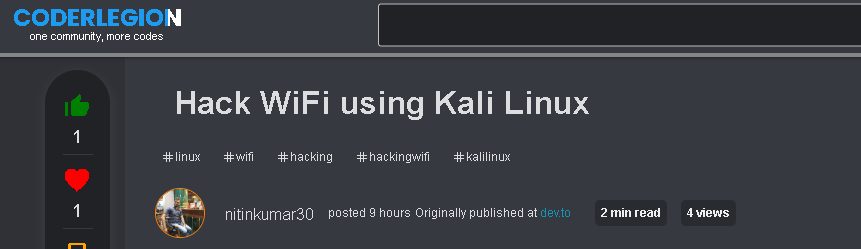CoderLegion1's tweet image. Hack WiFi using Kali Linux
{ by @nitinkumar30 } from @CoderLegion1

#linux #wifi #hacking #hackingwifi #kalilinux coderlegion.com/2946