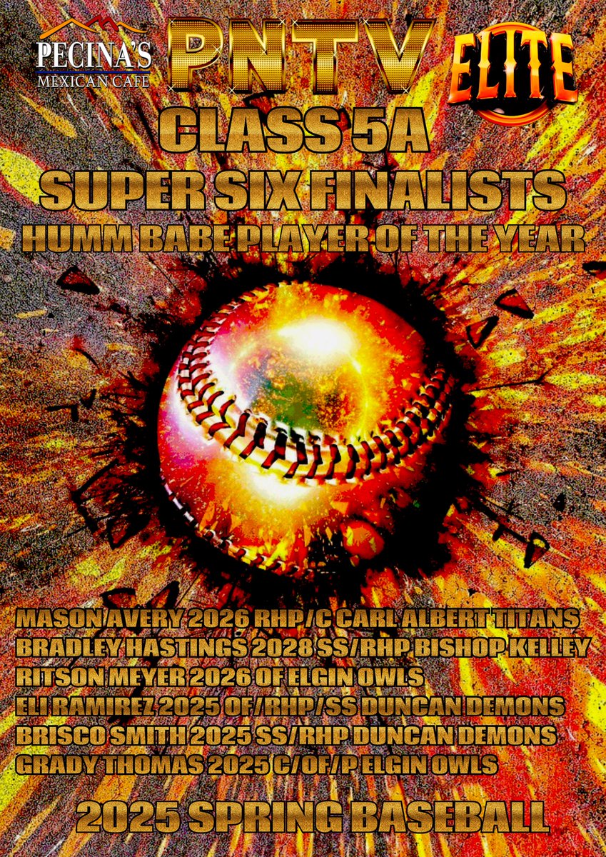 #OKPrepStory: 2025 PNTV Elite Great Eight
Finalists for Humm Babe Player of the Year
in Spring Baseball. #OKPreps #PNTV

Class 5A
Mason Avery Carl Albert
Bradley Hastings Bishop Kelley
Ritson Meyer Elgin
Eli Ramirez Duncan
Brisco Smith Duncan
Grady Thomas Elgin