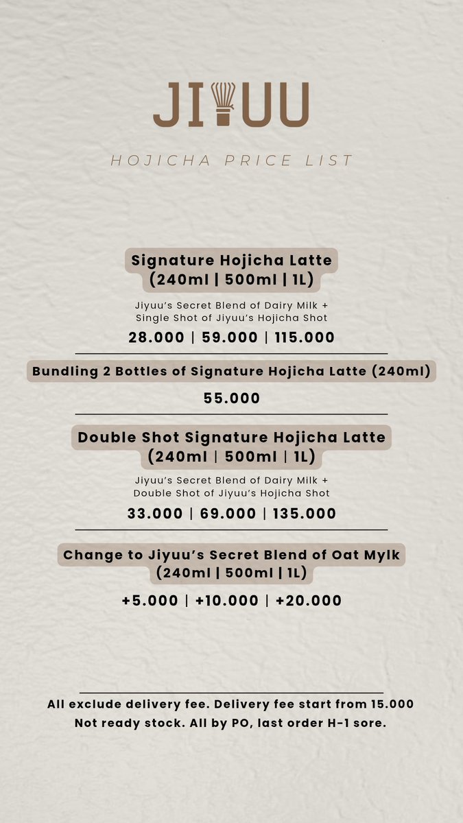 jiyuumatcha's tweet photo. Premium matcha &amp; hojicha latte, sudah sold 650++ botol! Available dalam bentuk hampers jugaa 🌿
.
Order/info > https://t.co/VHMnwsoM2B
🛒By PO &amp; delivery only
📍Jl. Kalpataru no 62B
💰 Start from 28k (ada kemasan 240ml/ 500ml/ 1000ml)
.
@infomalang
#pasarmingguinfomalang https://t.co/I1EPle829F