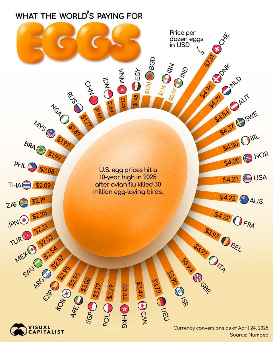 Barchart's tweet image. Egg Prices Around the World 🥚🐔 Think I'm going to fly to India and pick some up under $1