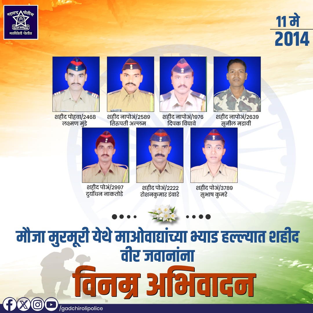 SP_GADCHIROLI's tweet image. ११ मे २०१४ रोजी मौजा मुरमुरी, गडचिरोली माओवाद्यांच्या भ्याड हल्ल्यात शहीद झालेल्या वीर जवानांना गडचिरोली पोलीस दलाकडून विनम्र अभिवादन!

देशाच्या सुरक्षेसाठी आपल्या प्राणांची आहुती देणाऱ्या शूर वीरांना कोटी कोटी नमन!

#GadchiroliPolice #MartyrsTribute #SaluteToBravehearts