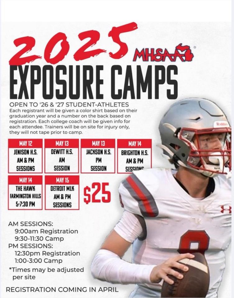 I will be attending the MHSA Exposure Camp in Brighton on May 14th AM session. I am excited to showcase my athletic abilities. #letswork <a href="/On3Recruits/">On3 Recruits</a> <a href="/One11Recruiting/">One11 Recruiting</a> <a href="/FCRecruits/">First Choice Recruiting</a> <a href="/LL7NV/">College Recruiter</a> <a href="/mwfbrecruiting/">Midwest Football Recruiting</a> <a href="/Bryan_Ault/">Bryan Ault - Midwest Scout</a> <a href="/PrepRedzoneMI/">Prep Redzone Michigan</a> <a href="/MIexposure/">Michigan exposure</a> <a href="/EZoneRecruiting/">EndZone Recruiting</a>