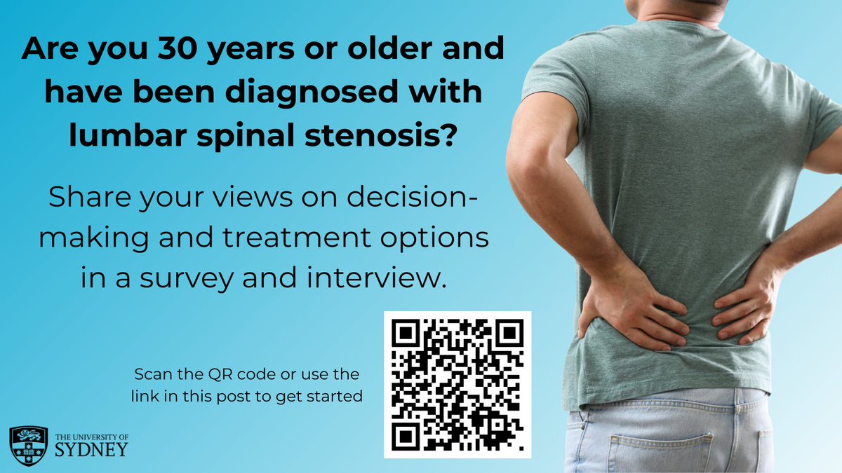 Got Lumbar Spinal Stenosis? We want to hear from you!

If you're 30+ and diagnosed with Lumbar Spinal Stenosis, join our study on treatment decision-making.
✅ 10-min survey
✅ 30–60 min interview
🔗 Learn more and sign up: sydney.au1.qualtrics.com/jfe/form/SV_87…