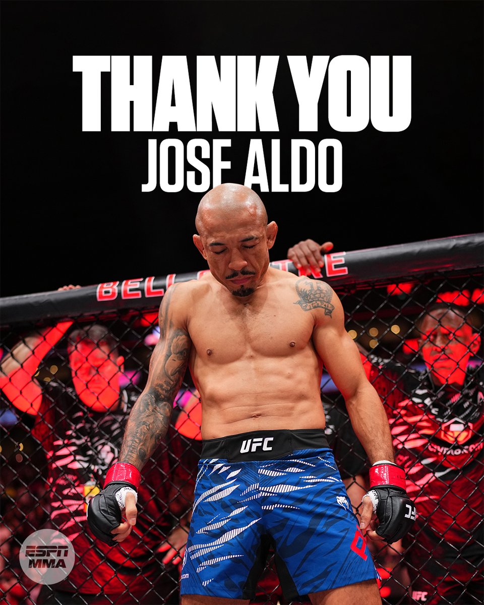 ESPNAusNZ's tweet photo. UFC legend Jose Aldo has officially announced his retirement! 

The former champion laid down his gloves following his defeat to Aiemann Zahabi.

Legacy set in stone 👑 

#UFC315 https://t.co/qLs84fCtat