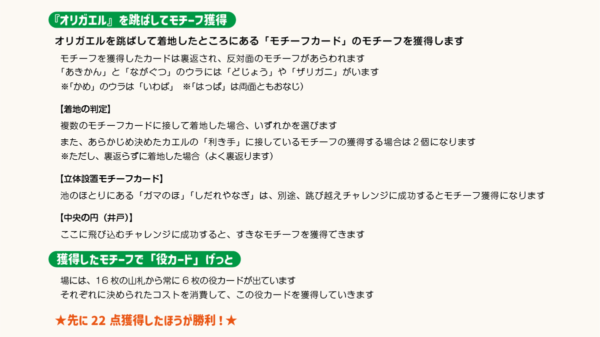『オリガエル』

✨折り紙のカエル、ここがおもしろい✨

★ 折り方でけっこう個性が出る
高く跳びやすい子もいれば、着地がやたら上手な子も。
折って遊ぶうちにお気に入りのカエルが見つかるかも？
★ 力の掛け方で跳び方もコントロールできる