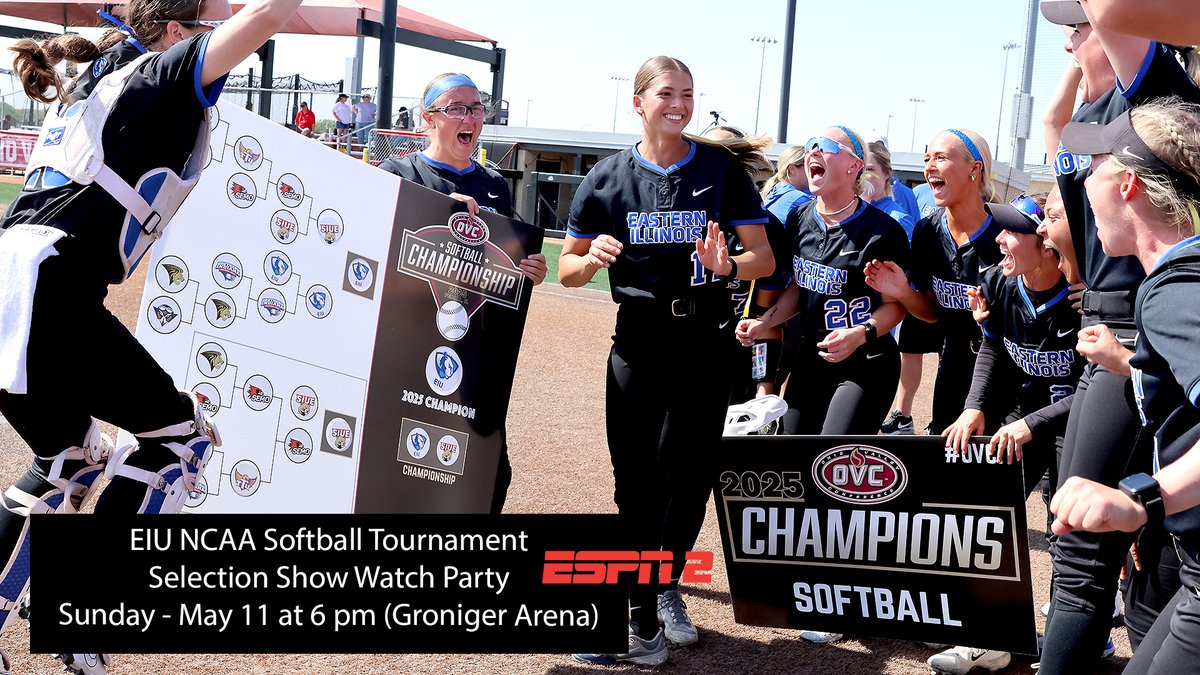 Eastern Illinois Athletics (@eiu_panthers) on Twitter photo The <a href="/EIU_Softball/">Eastern Illinois Softball</a> team will find out its 2025 NCAA Tournament destination on Sunday night
Join us at Groniger Arena to celebrate the 2025 <a href="/OVCSports/">Ohio Valley Conference</a> Softball Champions
NCAA Tournament Selection Show Watch Party at 6 pm
Can't join us in person, watch show on ESPN2 The <a href="/EIU_Softball/">Eastern Illinois Softball</a> team will find out its 2025 NCAA Tournament destination on Sunday night
Join us at Groniger Arena to celebrate the 2025 <a href="/OVCSports/">Ohio Valley Conference</a> Softball Champions
NCAA Tournament Selection Show Watch Party at 6 pm
Can't join us in person, watch show on ESPN2