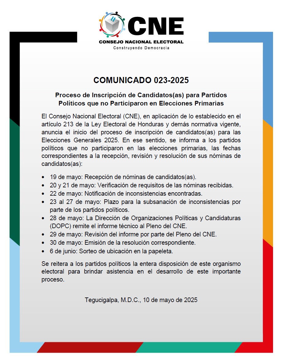 COMUNICADO 023-2025
Proceso de Inscripción de Candidatos(as) para Partidos Políticos que no Participaron en Elecciones Primarias